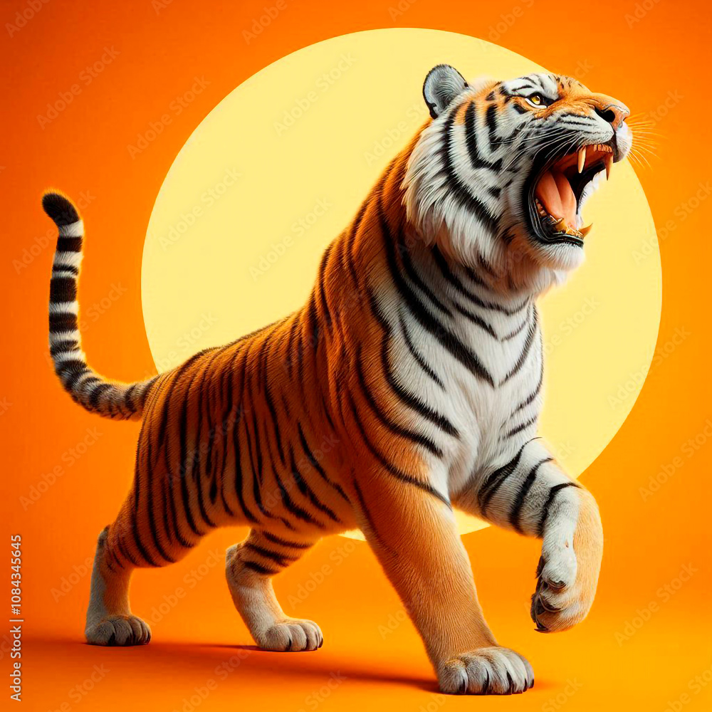 Obraz premium Tiger with open mouth on orange background.