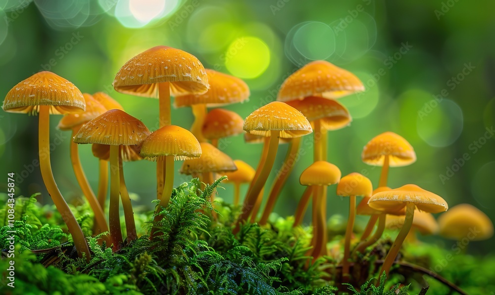 Fototapeta premium A macro shot of vibrant mushrooms growing in the forest, their colors and textures captured with precision