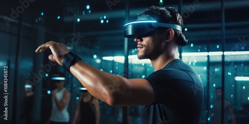 Fitness trainer in a gym, wearing an ar headset, guiding a virtual workout session with holographic displays, concept of Virtual reality photo