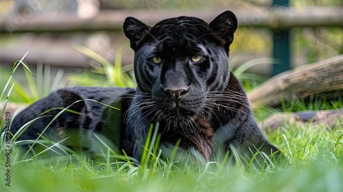 A black panther lies on the grass and rests. Graceful wild animal. Large predatory cat. Illustration for varied design. photo