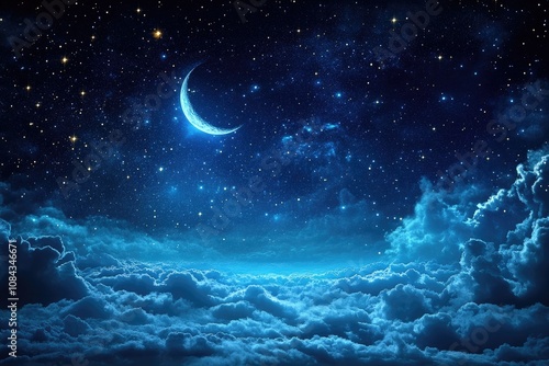 Crescent moon shining over dramatic cloudscape at night