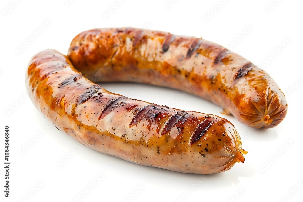 grilled sausages isolated on a white background, closeup grilled sausages isolated on a white background, closeup