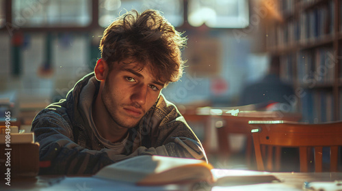 A student in a classroom, staring blankly at a textbook, reflecting exam stress and academic load photo