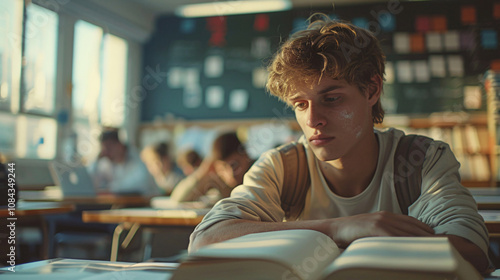 A student in a classroom, staring blankly at a textbook, reflecting exam stress and academic load photo