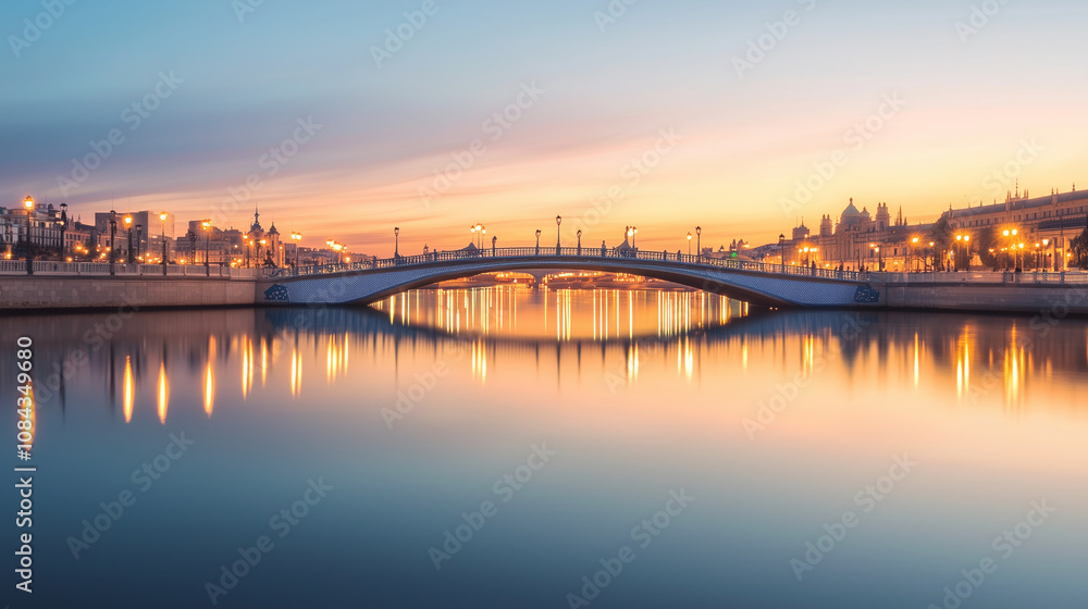Fototapeta premium Twilight Reflection of Azulejos Bridge in Plaza de España