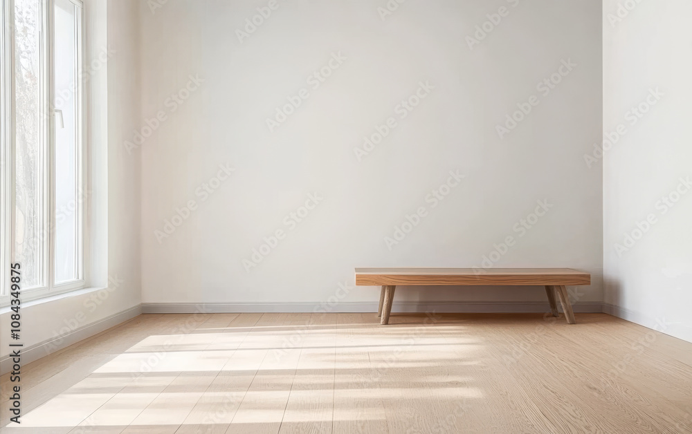 Fototapeta premium Bright and minimalistic interior of a modern room with wooden bench near large window