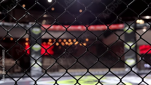 Empty octagon mma cage arena. Mixed martial arts fighting tournament.