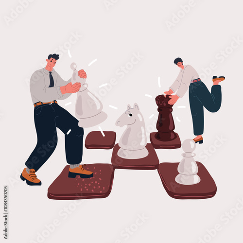 Cartoon vector illustration of a businesswoman and businessman playing chess, symbolizing a business competition and strategic thinking