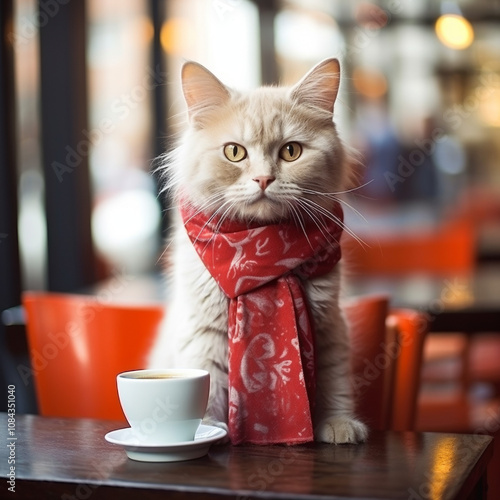 A cute cat in a red scarf sits at a café table in the cold season. There is a cup of coffee or cocoa on the table in front of the cat. photo