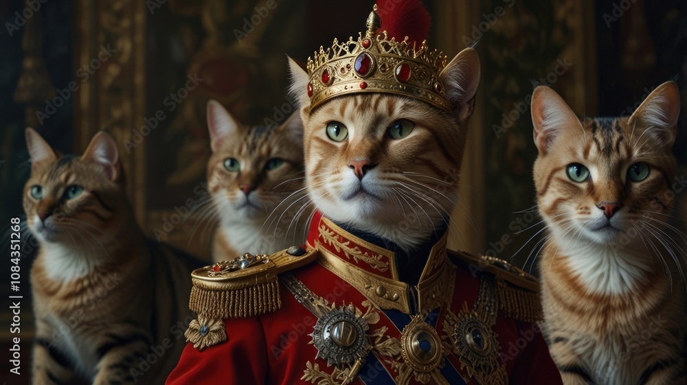 A tabby cat king in a gold crown and red coat stands in front of three other cats. A tabby cat king in a gold crown and red coat stands in front of three other cats.