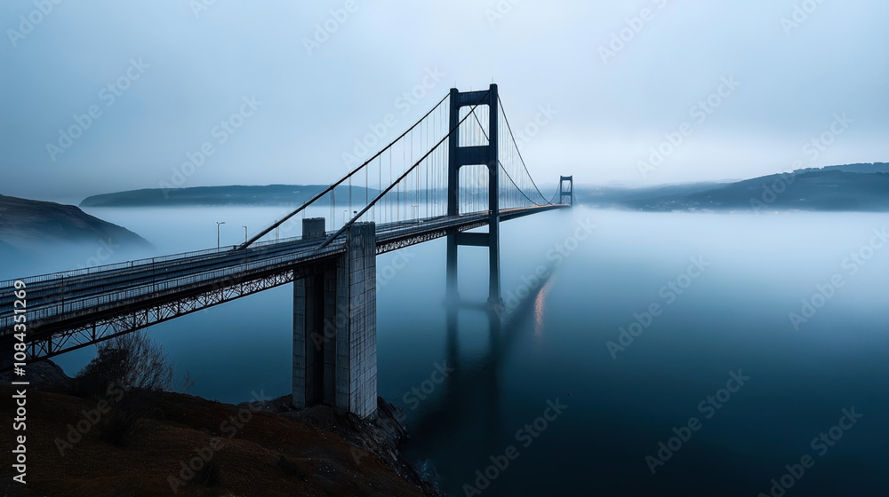 Obraz premium A suspension bridge extending across a foggy body of water, blending into the overcast sky and surrounded by hilly terrain on both sides.