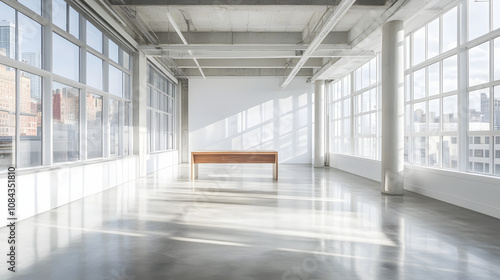 A modern office room with wall-to-wall windows polished concrete floors and a single wooden desk combining urban and minimal aesthetics.