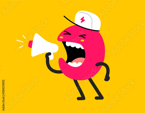 Vector cartoon illustration of cute abstract geometric monster with loud speak on yellow background. Flat doodle style child design of shape character in cap with megaphone in hand, leader manage