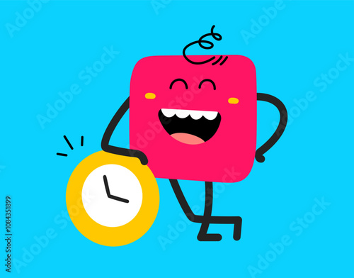 Vector cartoon illustration of cute abstract smile geometric monster on blue color background. Flat doodle style child design of shape happy character stand with clock. Kid character with clock time