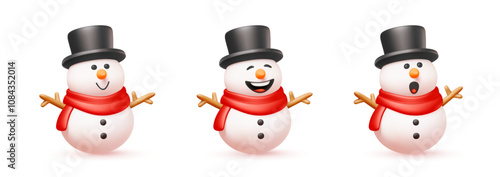 Vector christmas illustration of set of cute realistic snowman in hat and scarf on white background. 3d cartoon style design of smile snowman with emotion for Merry Christmas and Happy New Year banner