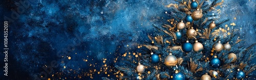 Vibrant watercolor Christmas tree with blue, silver, and white decorations