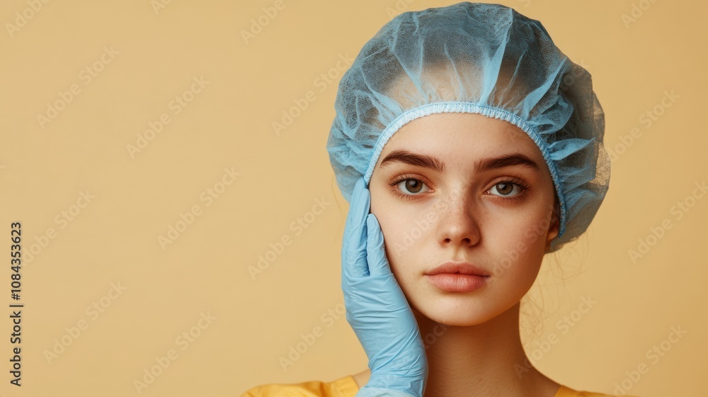 A woman in a blue hairnet and glove thoughtfully touches her face while contemplating cosmetic surgery in a clinic setting. Generative AI A woman in a blue hairnet and glove thoughtfully touches her face while contemplating cosmetic surgery in a clinic setting. Generative AI