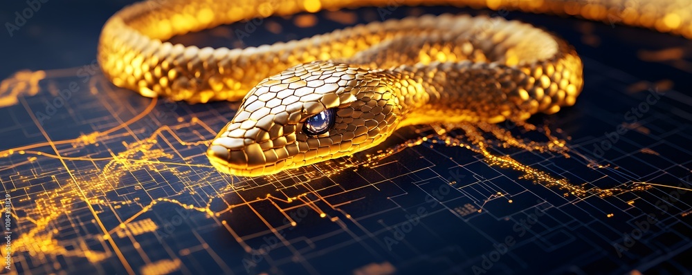 Obraz premium A striking close-up of a golden snake coiled on a digital map, symbolizing the intersection of nature and technology