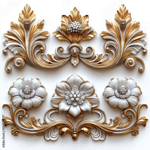 Set of 4 different golden decorative elements, cut out and isolated on a white background, showcasing intricate designs perfect for luxury, elegant décor, and artistic concepts.