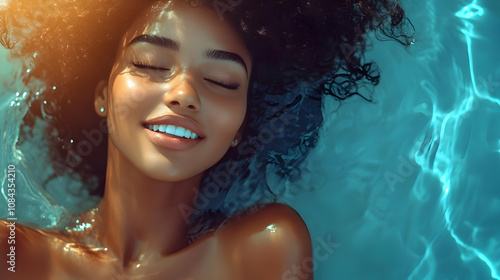 Woman with Curly Hair Floating in Blue Water - Realistic Photo