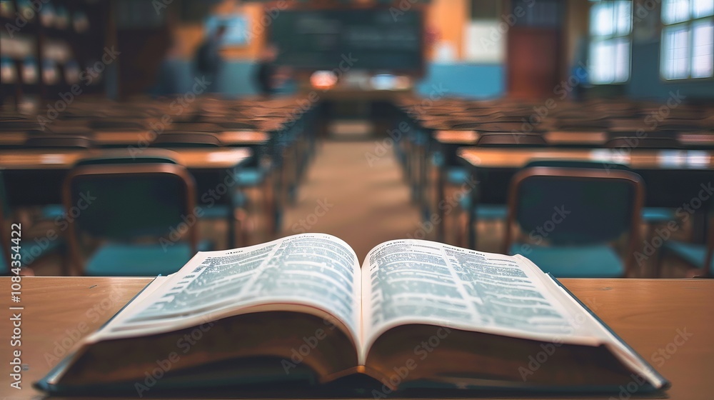 Blurry view of an open textbook with pages in focus, surrounded by empty desks and chairs in a peaceful classroom, highlighting academic learning and study. Blurry view of an open textbook with pages in focus, surrounded by empty desks and chairs in a peaceful classroom, highlighting academic learning and study.