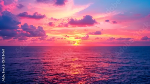 A sunset over the ocean with the horizon glowing in shades of orange, pink, and purple.