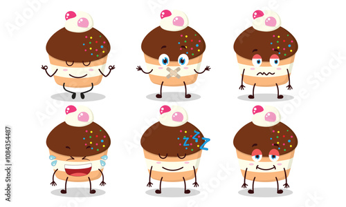 funny chocolate muffin cartoon with various expressions design illustration