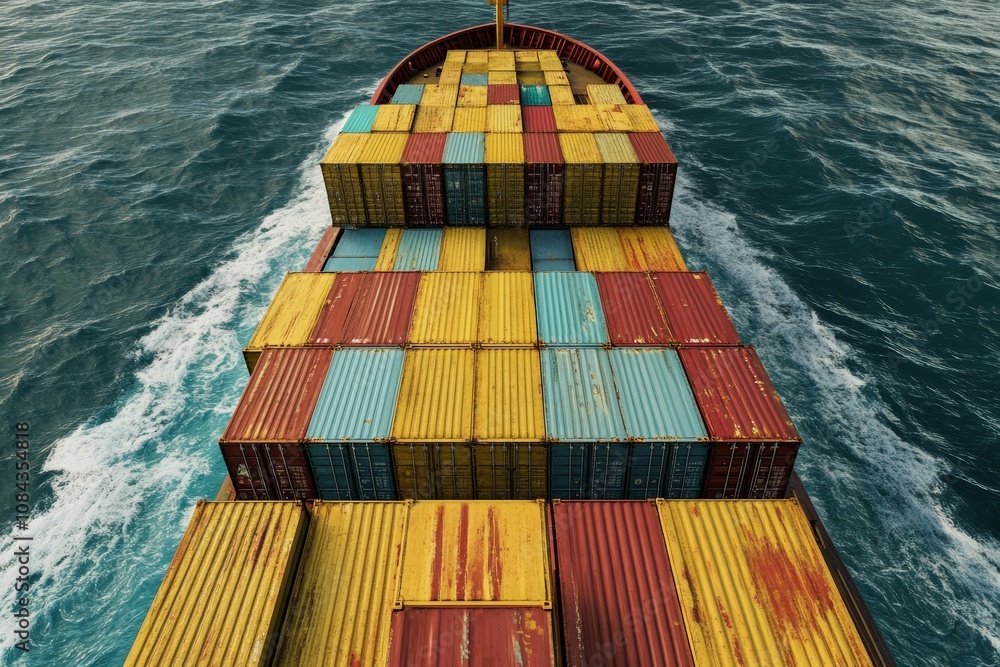 Fototapeta premium A large cargo ship loaded with red, yellow, and blue containers moving through the ocean, viewed from above. Concept of global shipping