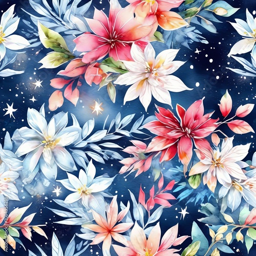 Lush floral pattern with vibrant pink, white petals against deep blue background.Dynamic leaves add depth, for projects needing fresh, nature inspired design, poster, greeting card, print, background
