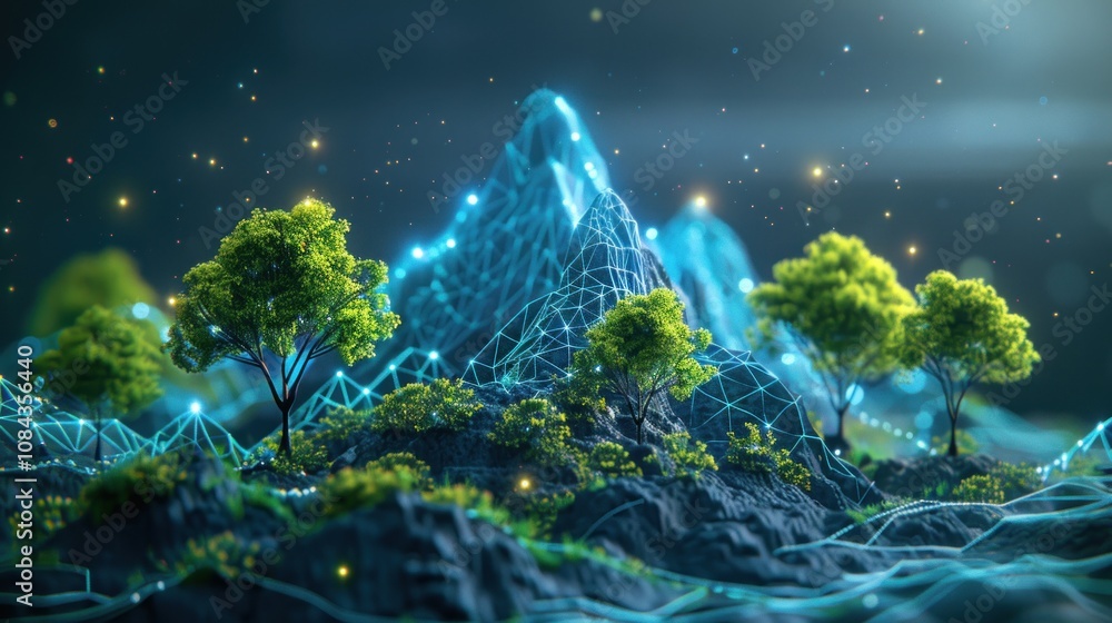 Fototapeta premium A digital mountain range with green trees and glowing blue lights.
