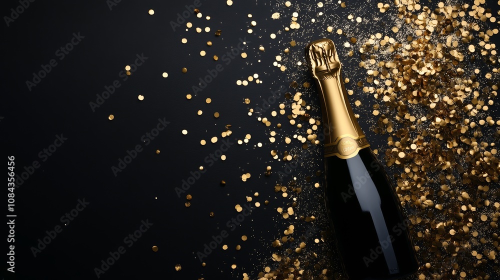 Fototapeta premium New Year Background with Gold Champagne Bottle and Sparkling Confetti