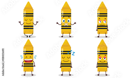 funny yellow crayon cartoon with various expressions design illustration