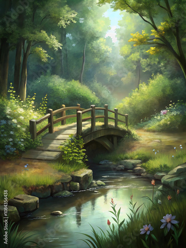 Old Wooden Bridge Over a Quiet Stream with dappled sunlight filtering through the trees photo