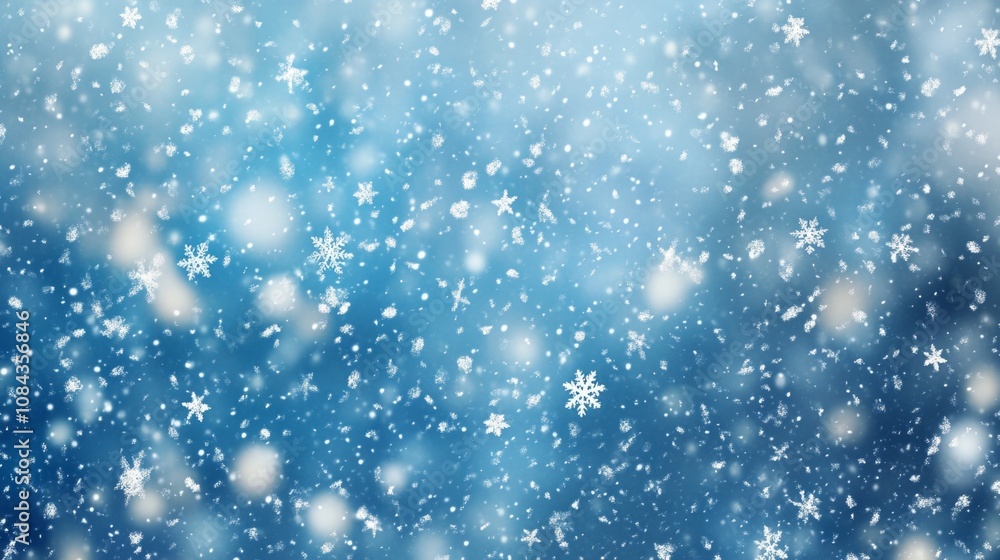 Fototapeta premium Falling Snow on Soft Blue Background with Abstract Bokeh Lights