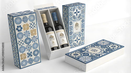 Elegant Wine Gift Box Packaging with Ornamental Blue and Gold Tile Patterns