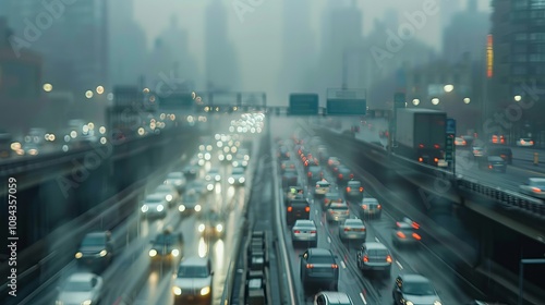 Unfocused view of a bustling highway with vehicles in motion, blurred lines, and a distant city background, perfect for urban traffic resources photo