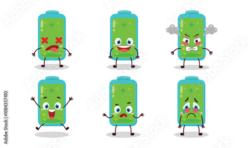 cute full battery cartoon with many expressions design illustration