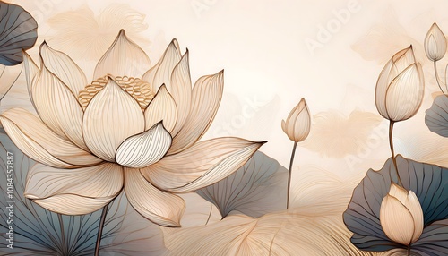 Background of A Delicate Lotus Blossom in Beige and Grey Tones