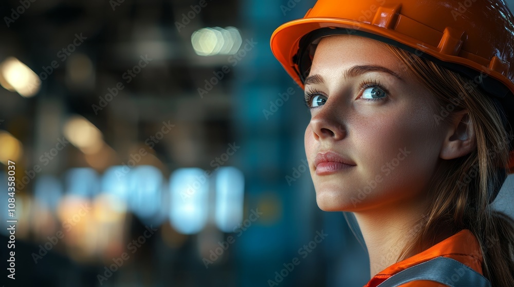 Young Female Logistics Apprentice Wearing Orange Safety Helmet and Reflective Vest Standing Confidently in an Industrial Port Setting Depicting Modern Careers Young Female Logistics Apprentice Wearing Orange Safety Helmet and Reflective Vest Standing Confidently in an Industrial Port Setting Depicting Modern Careers