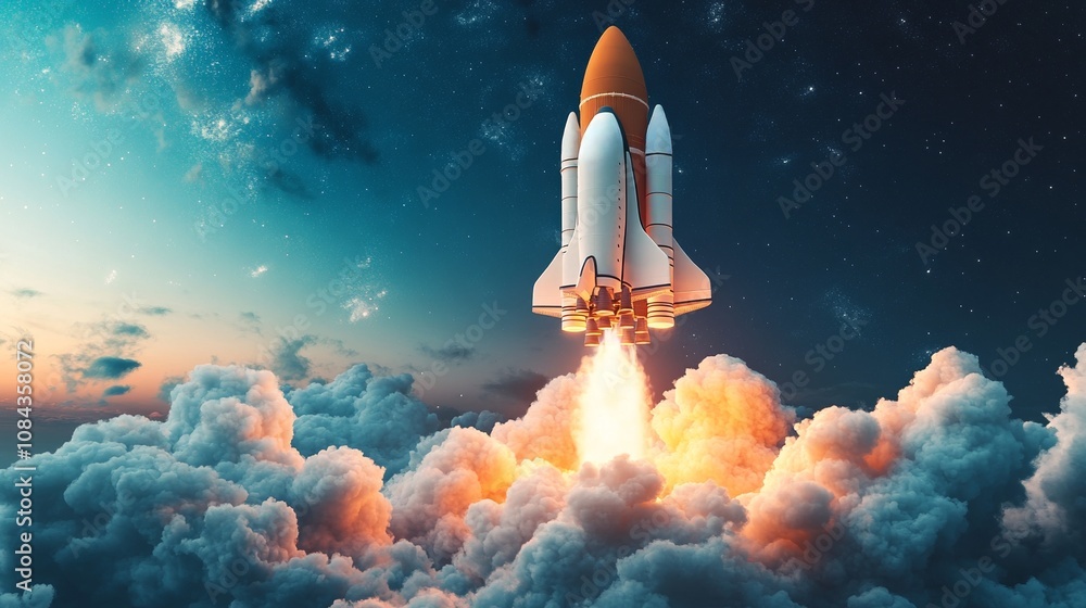 Rocket Launching Into Night Sky With Glowing Flames and Smoke Trail Representing Innovation, Exploration, and Advanced Space Technology Rocket Launching Into Night Sky With Glowing Flames and Smoke Trail Representing Innovation, Exploration, and Advanced Space Technology