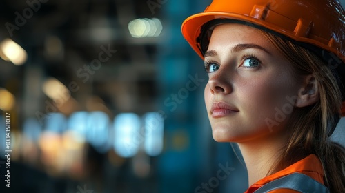 Young Female Logistics Apprentice Wearing Orange Safety Helmet and Reflective Vest Standing Confidently in an Industrial Port Setting Depicting Modern Careers
