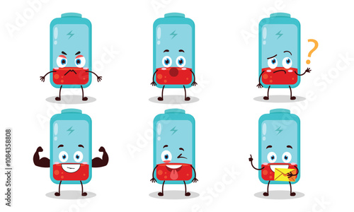 funny empty battery cartoon with different expressions character design illustration
