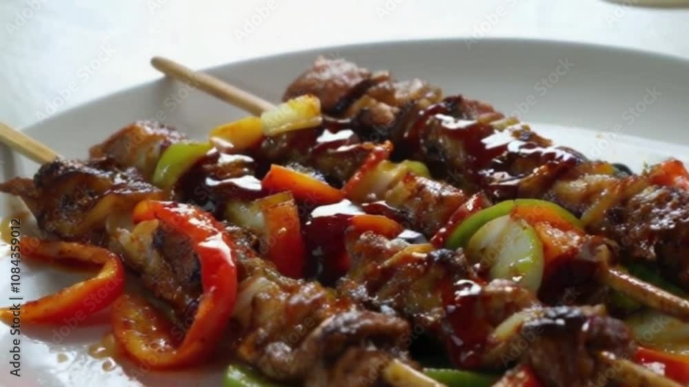 Cinematic Close-Up: Drizzling Tangy Sauce Over Grilled Shish Kebab Skewers Cinematic Close-Up: Drizzling Tangy Sauce Over Grilled Shish Kebab Skewers