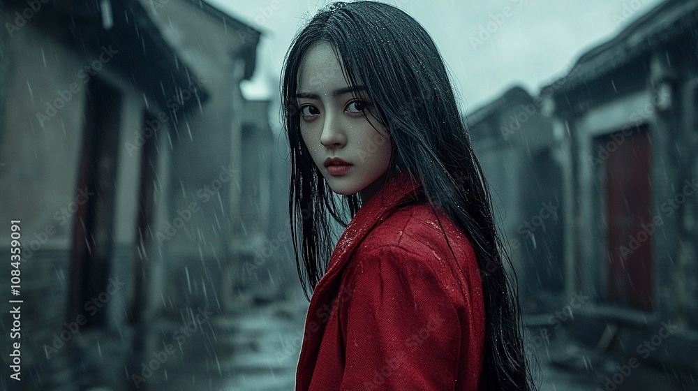 Chinese girl, red wool jacket, long hair, background on Ruins Street, darkness, rainy day, movie special effects,generative ai Chinese girl, red wool jacket, long hair, background on Ruins Street, darkness, rainy day, movie special effects,generative ai