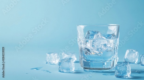 A glass with ice water and ice cubes on a blue background. A refreshing and chilling drink in hot weather. Isolate the free space