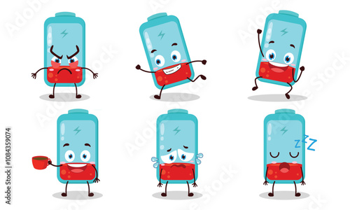 funny empty battery cartoon character with various pose activity design illustration