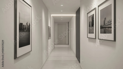 Minimalist hallway with white walls and light grey floor, featuring black framed artwork