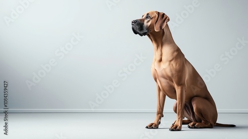 Portrait of a large brown dog sitting indoors against a plain light-colored wall, looking alert and attentive. photo