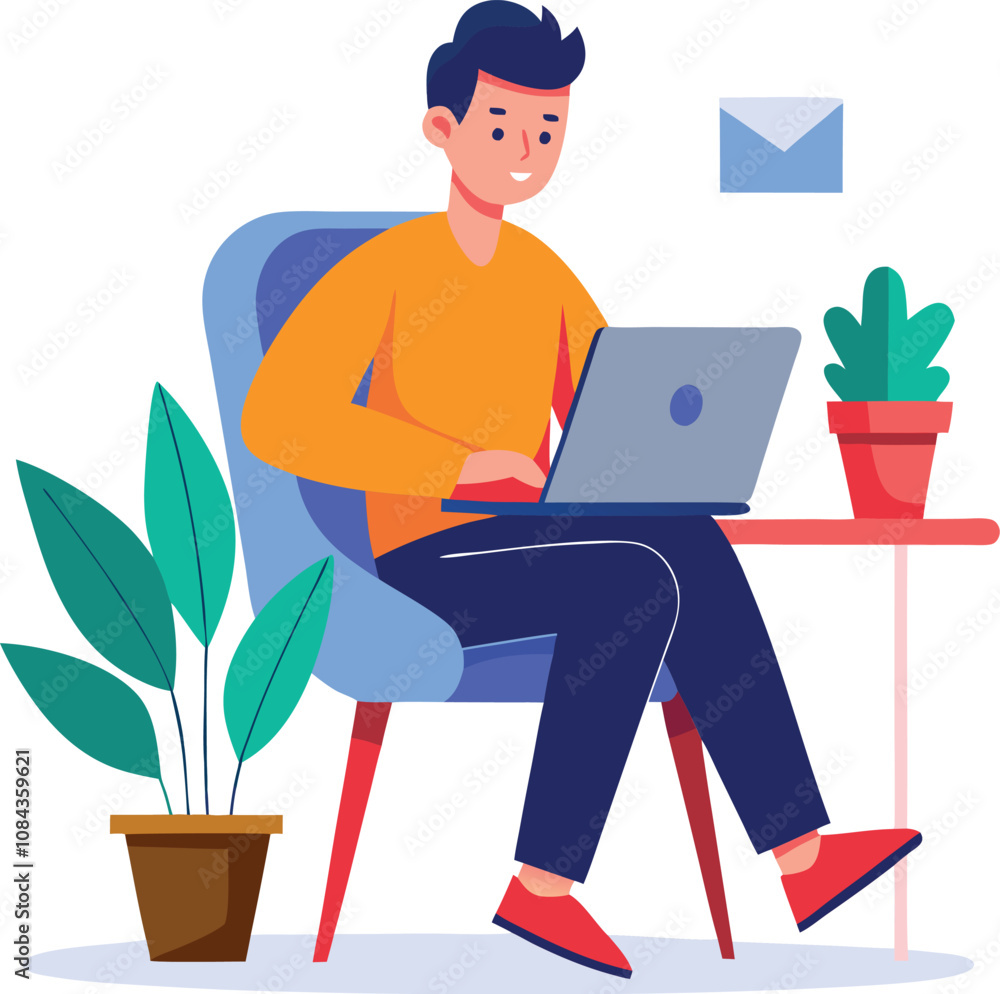 a boy is using his laptop vector a boy is using his laptop vector