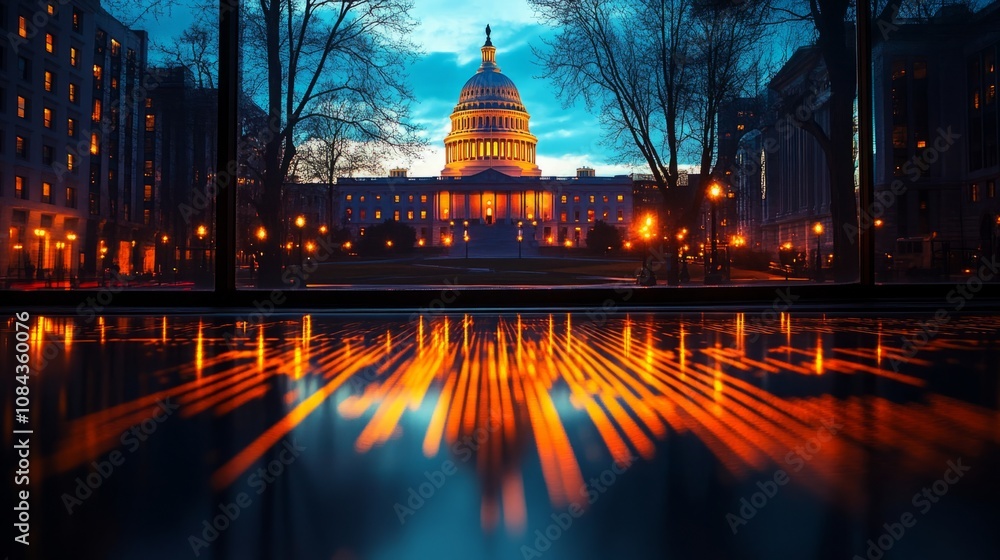 Fototapeta premium Silhouette of the White House with the United States flag and a stock market chart, symbolizing the connection between USA presidential elections, economy, and investment concepts, reflecting politica